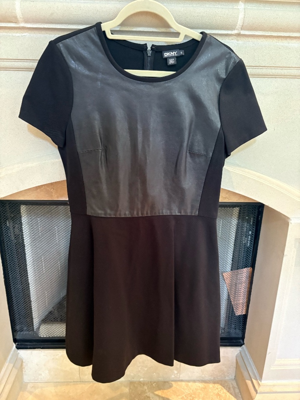 DKNY Black Fit & Flare Dress with Genuine Lambskin Leather Bodice — Size 12